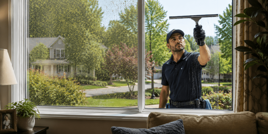 Sparkles window cleaning guy cleaning an exterior window